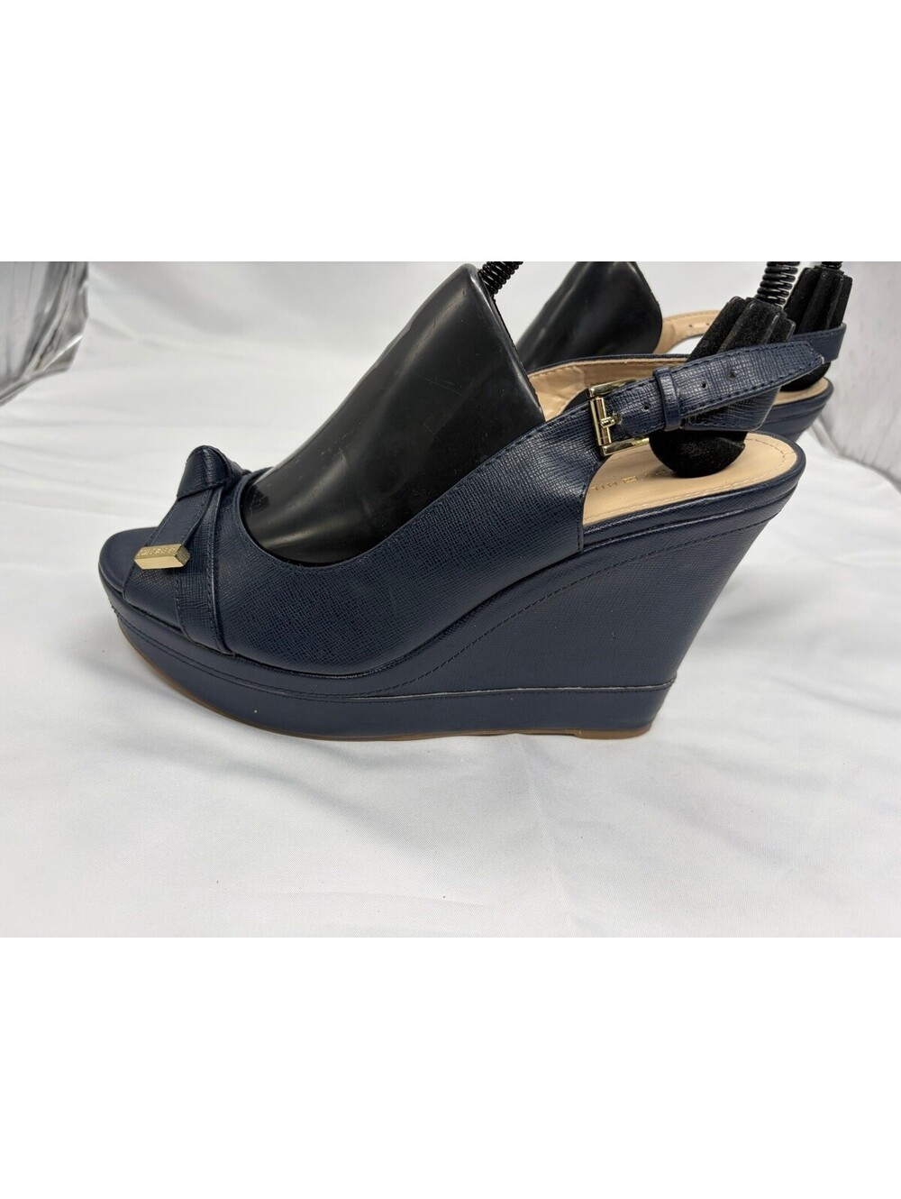 Tommy Hilfiger Twkarra Wedge Sandals Navy Blue Peep Toe Slingback Womens 8M - Picture 3 of 9